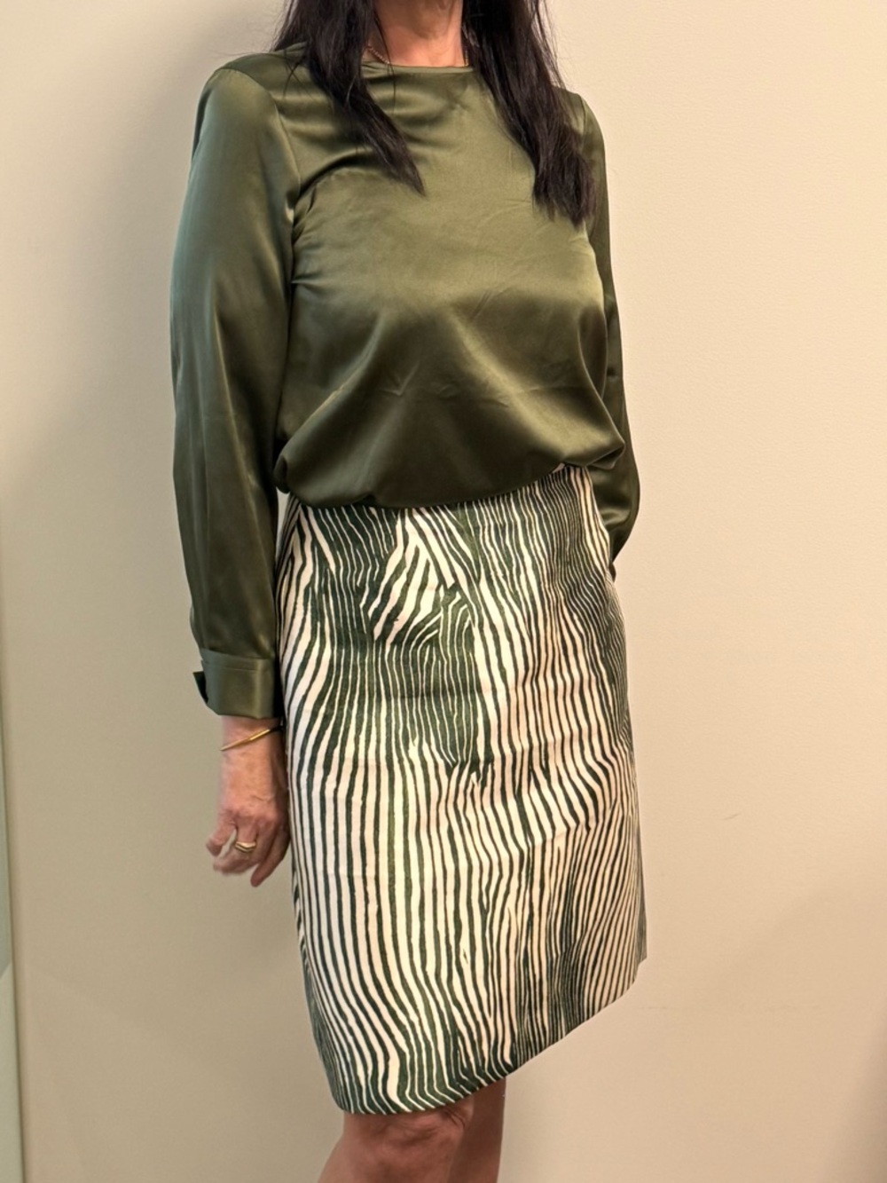 Preston & York Emerald Green and White Striped Lined Midi Skirt